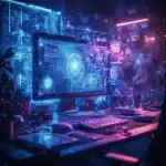 Futuristic computer screen displaying Omnigen 2 AI image editor interface with digital art and abstract design tools