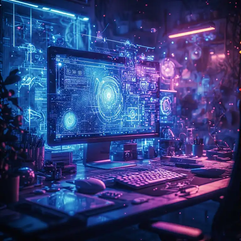 Futuristic computer screen displaying Omnigen 2 AI image editor interface with digital art and abstract design tools