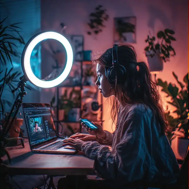 Instagram content creator in the U.S. editing Reels using CapCut AI on a laptop with auto subtitles on screen.”