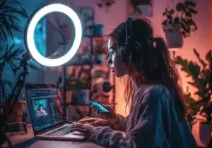 Instagram content creator in the U.S. editing Reels using CapCut AI on a laptop with auto subtitles on screen.”
